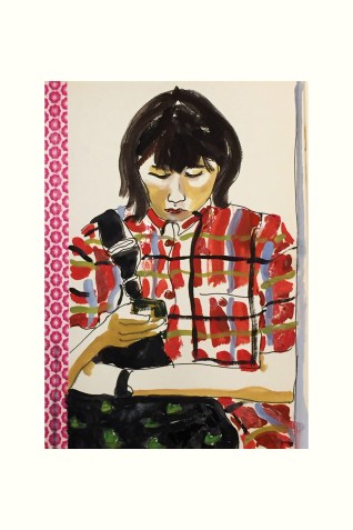 01 Jonge vrouw met (prachtige) geruite jurk, metro Osaka